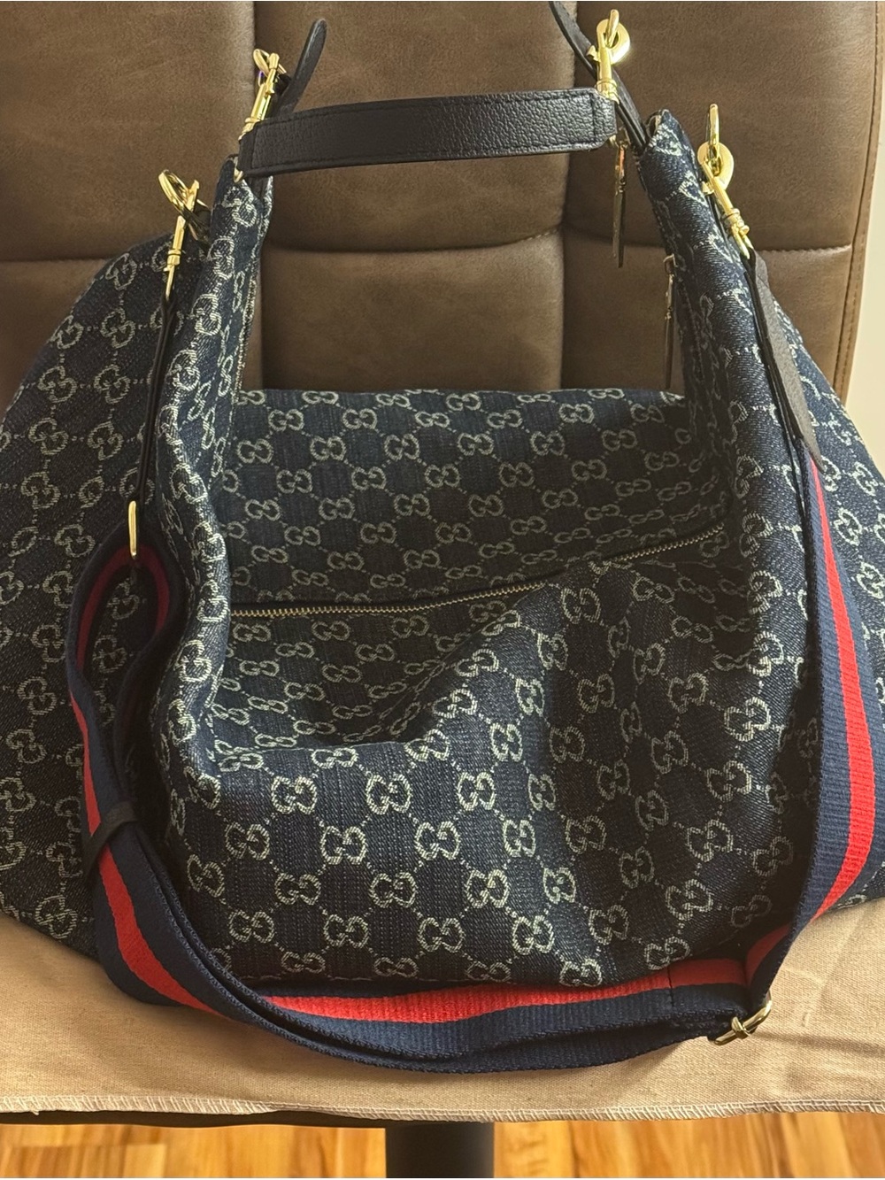 Large Navy Denim Hobo Bag with Red-Blue Web Strap